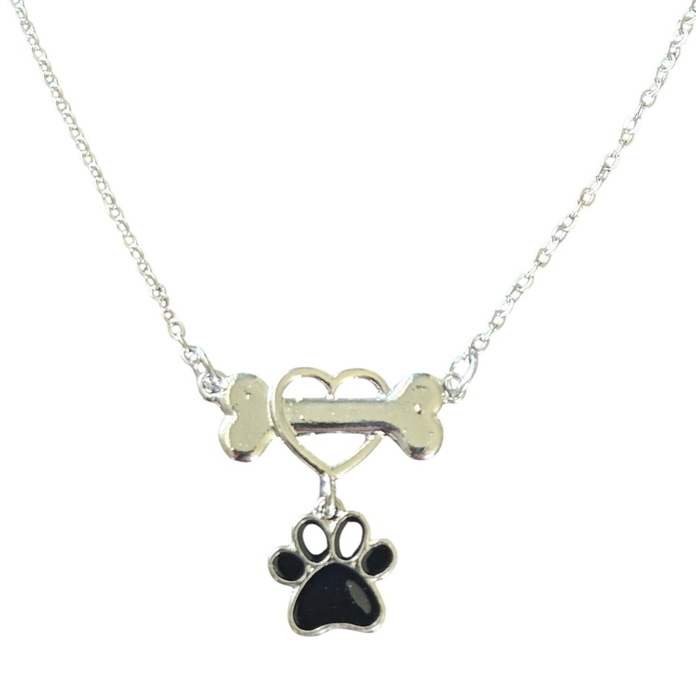 Dog Bone Heart Paw Print Pendant Necklace Silver Tone Chain Pet Lover Gift